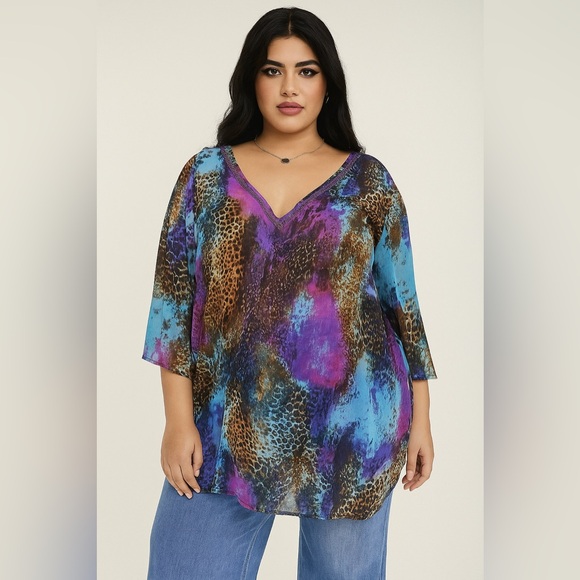 Mushka by Sienna Rose Blouse 1X Sheer Animal Print Boho Chic Indie Vintage Y2K - Picture 1 of 8